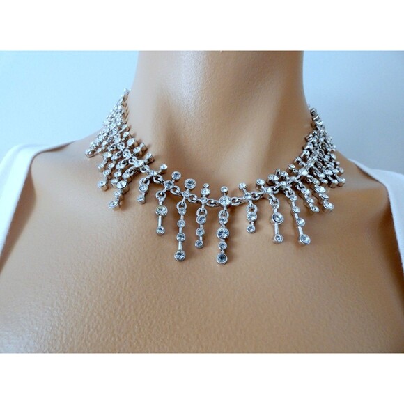 SET VTG ST. JOHN Silver Swarovski Crystal Choker Necklace Earrings  2000 Bridal - Picture 5 of 11